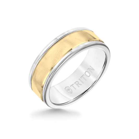 8MM White Tungsten Carbide Ring - Linear 14K Yellow Gold Insert with Round Edge
