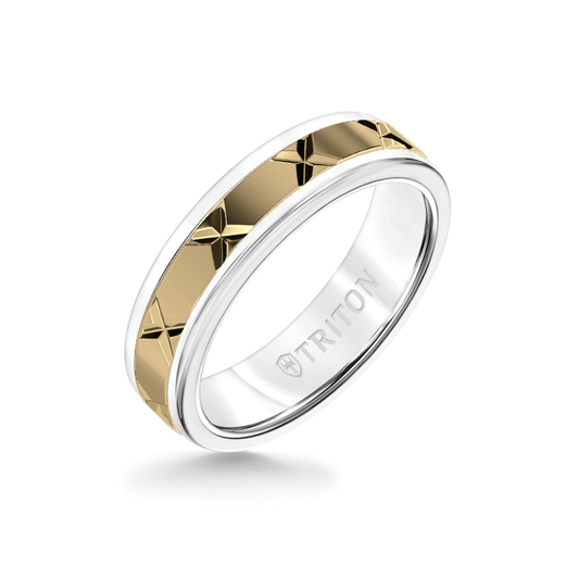6MM White Tungsten Carbide Ring ��� StarX 14K Yellow  Gold Insert with Round Edge