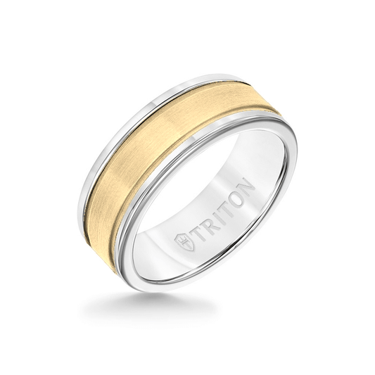 8MM White Tungsten Carbide Ring - Step Edge 14K Yellow Gold Insert with Round Edge