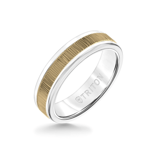 6MM White Tungsten Carbide Ring ��� Vertical Geometric 14K Yellow Gold Insert with Round Edge