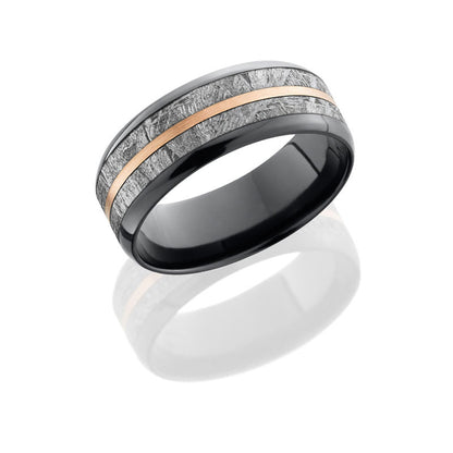 Lashbrook Zirconium 8mm Beveled Band With 5mm Meteorite Inlay And 1mm 14Kr Center Z8B15/METEORITE11/