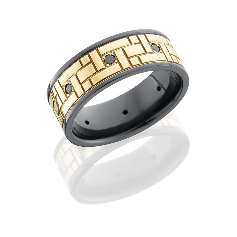 Lashbrook Zirconium 8mm Flat Band With 6mm 14Ky With Versailles Pattern And Eight .04Ct Black Diamon
