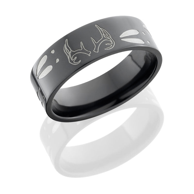 Lashbrook Zirconium 8mm Flat Band With 1 Antler And Deer Tracks Circling The Band Z8F/DEERTRACK1XANT
