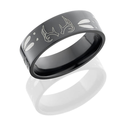 Lashbrook Zirconium 8mm Flat Band With 1 Antler And Deer Tracks Circling The Band Z8F/DEERTRACK1XANT