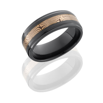 Lashbrook Zirconium 8mm Flat Band With Grooved Edges With 3mm 14Kr And Shakudo Mokume Z8FGE13/M14KRS