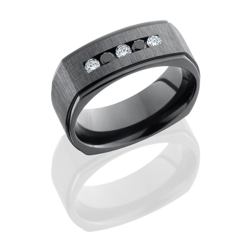 Lashbrook Zirconium 8mm Flat With Grooved Edges And Channel Set White And Black Round Diamonds Z8FGE