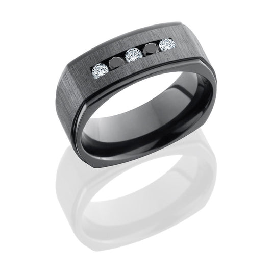 Lashbrook Zirconium 8mm Flat With Grooved Edges And Channel Set White And Black Round Diamonds Z8FGE