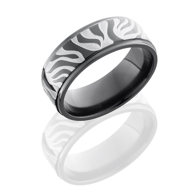 Lashbrook Zirconium 8mm Flat Band With Grooved Edges And Zebra Pattern Z8FGE/ZEBRA