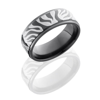 Lashbrook Zirconium 8mm Flat Band With Grooved Edges And Zebra Pattern Z8FGE/ZEBRA