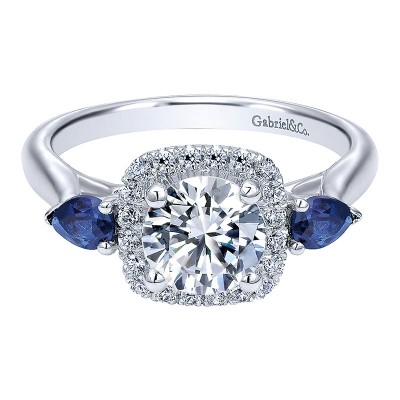 Engagement Ring 14k White Gold Diamond And Sapphire 3 Stones Halo