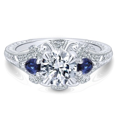 14K White Gold Diamond ANd SApphire 3 Stones Halo 14K White Gold Engagement Ring ER12582R4W44SA