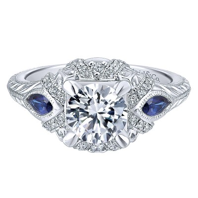 14K White Gold Diamond ANd SApphire 3 Stones Halo 14K White Gold Engagement Ring ER12583R4W44SA