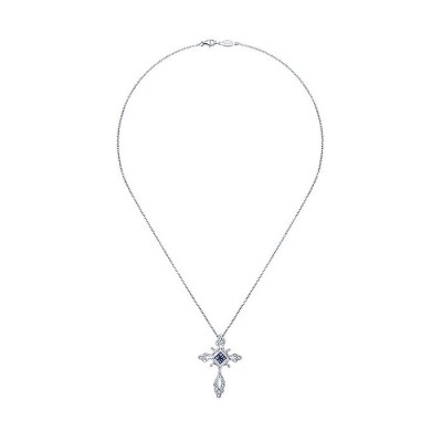 14k White Gold Diamond And Sapphire Cross Necklace
