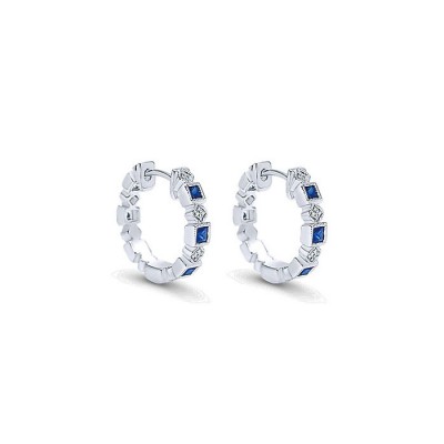 14k White Gold Diamond And Sapphire Huggie Earrings
