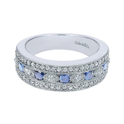 14k White Gold Diamond And Sapphire Wide Band Ladies Ring Rings Jewelry