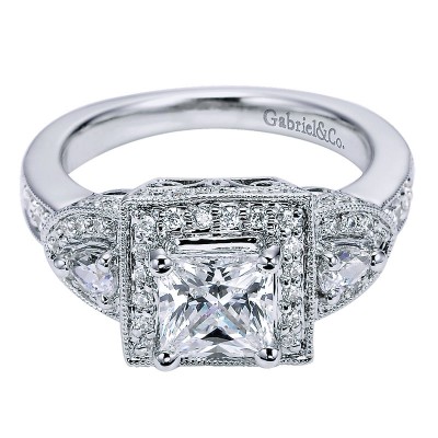 Engagement Ring 14k White Gold Diamond 3 Stones Halo