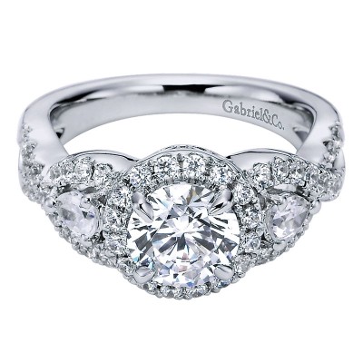 Engagement Ring 14k White Gold Diamond 3 Stones Halo