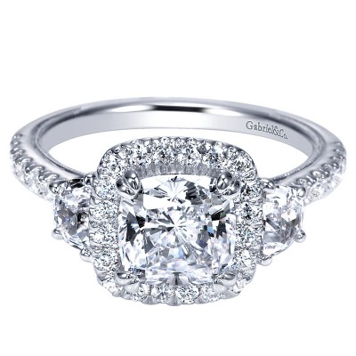 Engagement Ring 14k White Gold Diamond 3 Stones Halo