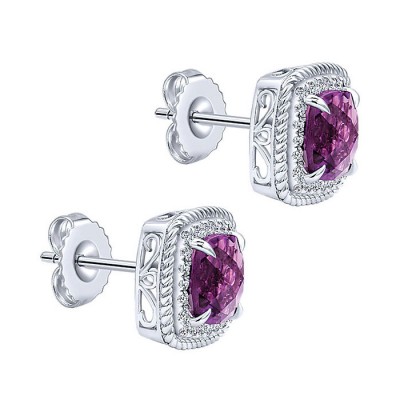 14k White Gold Diamond Amethyst Stud Earrings