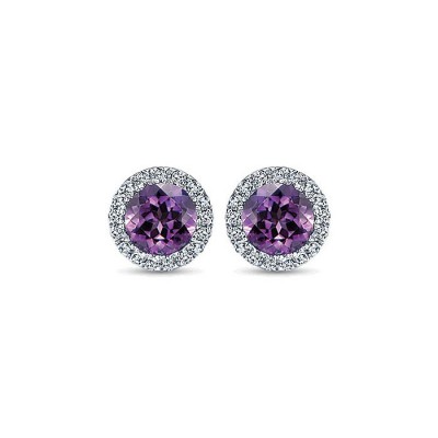 14k White Gold Diamond Amethyst Stud Earrings
