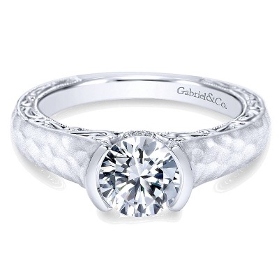 14K White Gold Diamond Filgree Solitaire With Hammered Shank 14K White Gold Engagement Ring ER9058W4