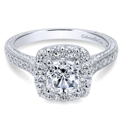 14K White Gold Diamond Halo On A Channel ANd Milgrain Shank 14K White Gold Engagement Ring ER7500W44