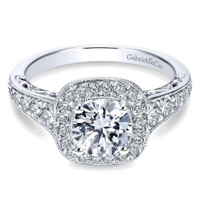 14K White Gold Diamond Halo ANd Channel Milgrain 14K White Gold Engagement Ring ER7293W44Jj