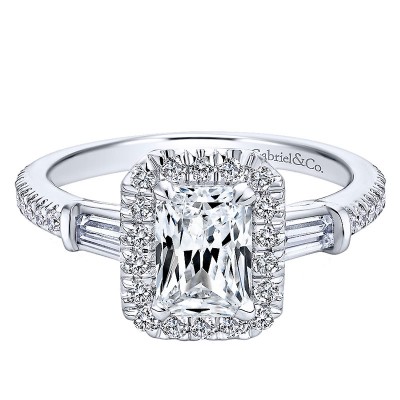 14K White Gold Diamond Pave Emerald Cut Halo With Bar Baguette Setting 14K White Gold Engagement Rin