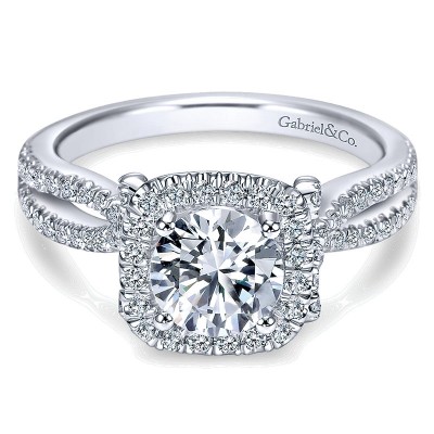 14K White Gold Diamond Pave Halo Split Shank 14K White Gold Engagement Ring ER7806W44Jj