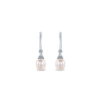 14k White Gold Diamond Pearl Drop Earrings