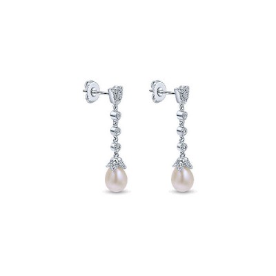 14k White Gold Diamond Pearl Drop Earrings