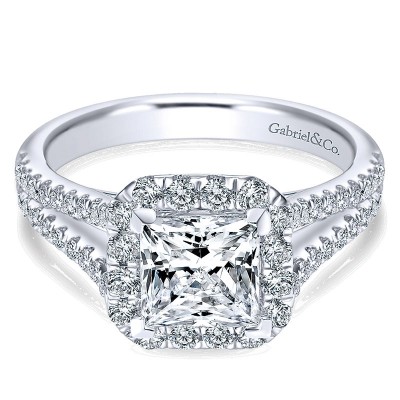 14K White Gold Diamond Princess Cut Halo With Pave Split Shank 14K White Gold Engagement Ring ER7262