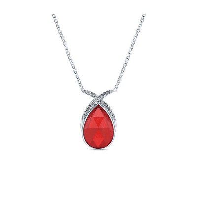 14k White Gold Diamond Rock Crystal&red Jade Fashion Necklace