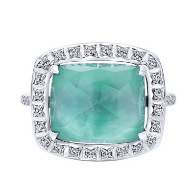 14k White Gold Diamond Rock Crystal&white Mother Pearl&green Onyx Fashion Ladies' Ring
