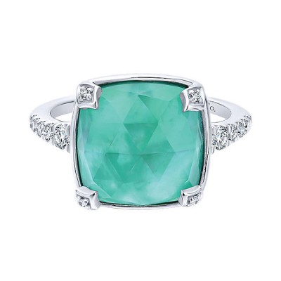 14k White Gold Diamond Rock Crystal&white Mother Pearl&green Onyx Fashion Ladies' Ring