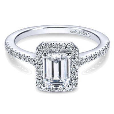 14K White Gold Emerald Cut Diamond Halo With Pave Shank 14K White Gold Engagement Ring ER5822W44Jj