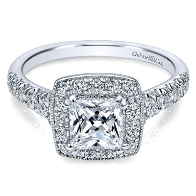 14K White Gold Pave Shank ANd Princess Cut Diamond Halo 14K White Gold Engagement Ring ER10907W44Jj