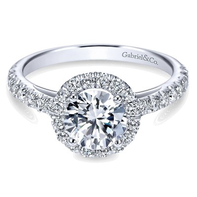 14K White Gold Round Diamond Halo With Pave Shank 14K White Gold Engagement Ring ER7261W44Jj