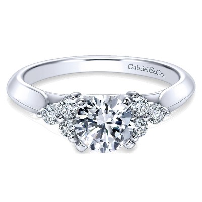 14K White Gold Round Diamond ANd 3 Side Stones With Knife Edge Band 14K White Gold Engagement Ring E