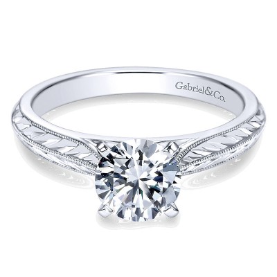 14K White Gold Straight With Hand Etching ANd Milgrain Detailing 14K White Gold Engagement Ring ER67