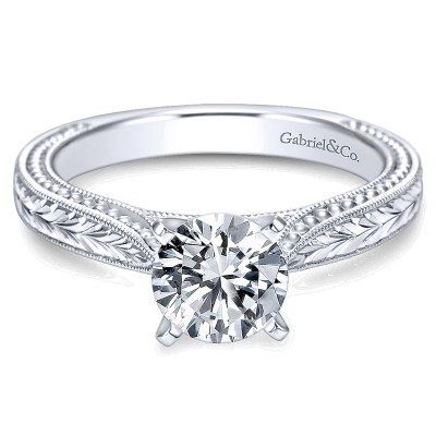 14K White Gold Straight Hand Cut Etching With Cathedral Setting 14K White Gold Engagement Ring ER663