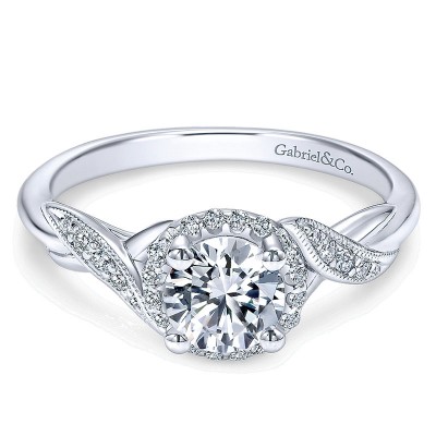 14K White Gold Twisted Shank Diamond Halo 14K White Gold Engagement Ring ER11828R3W44Jj