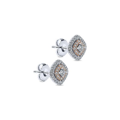 14k White and Pink Gold Double Pave Diamond Stud Earrings