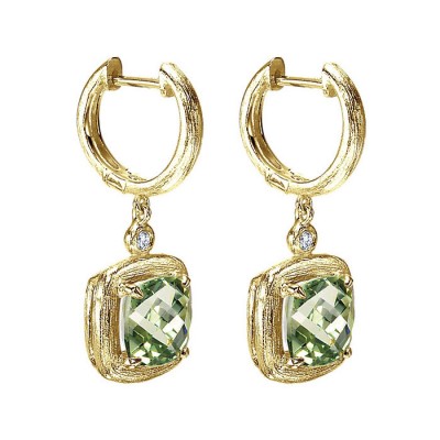14k Yellow Gold Diamond Green Amethyst Drop Earrings