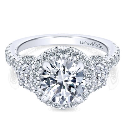 18K White Gold Diamond 3 Stones Halo 18K White Gold Engagement Ring ER13441R6W84Jj