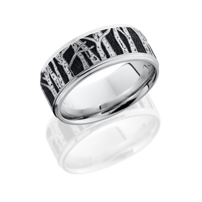 Lashbrook Cobalt Chrome 9mm Flat Band With Grooved Edges And Laser Carved Aspen Pattern CC9FGE/LCVAS
