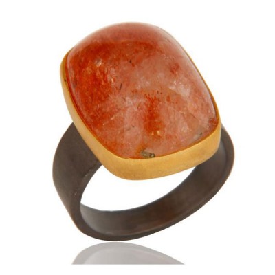 Oregon Sunstone Ring In Oxidized Silver + Gold