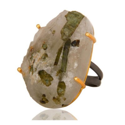 Raw Tourmilated Quartz Ring In Mixed Metal