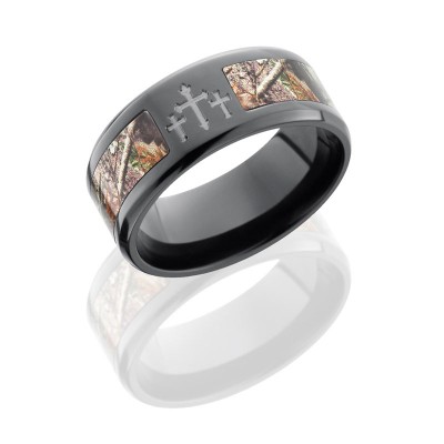 Lashbrook Zirconium 9mm Bevelved Band With 5mm Of Realtree Ap Camo And Three Crosses ZCAMO9B15SEG/3X