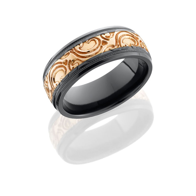 Lashbrook Zirconium 8mm Domed Band With 4mm Rose Gold Inlay With Jba  Pattern BZ-8HRM(1)4RG/MJBA - Main Image
